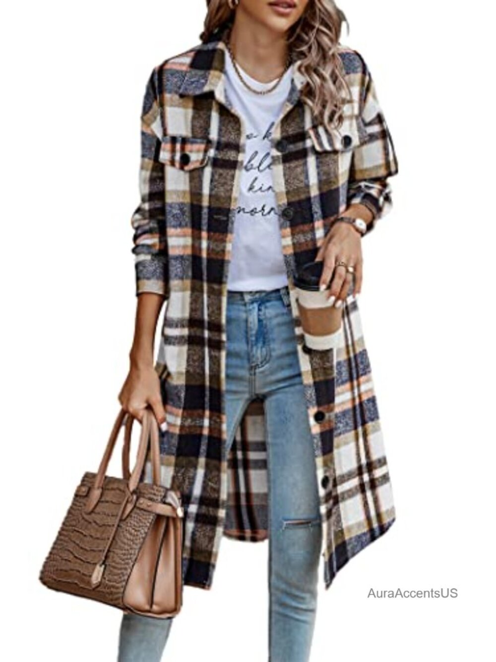 Women's Plaid Flannel Shacket Jacket Long Sleeve Button Down